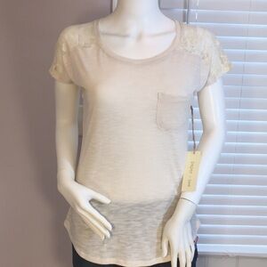 Paper + Tee Basic Cream Short Sleeves Jersey Lace Top Blouse Tee Shirt Size M